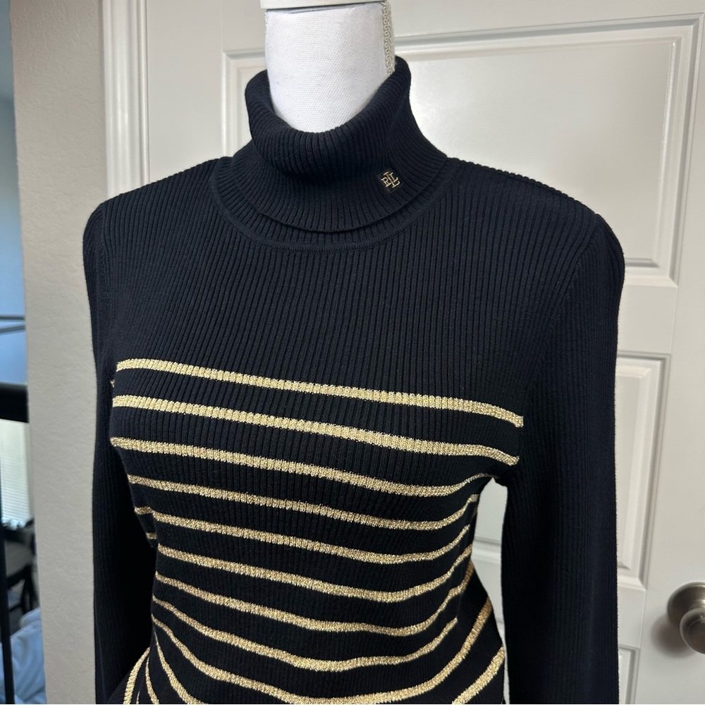 Lauren Ralph Lauren Y2K Gold Metallic Striped Classic Long Sleeve Sweater Large - Picture 3 of 9